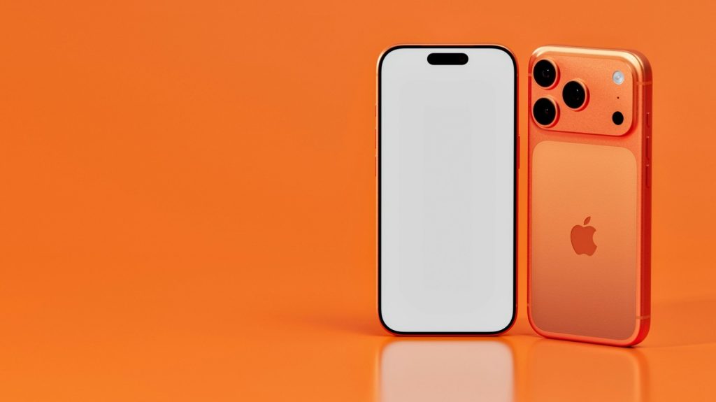 Orange iPhone with triple camera system on orange background, showcasing modern smartphone design.