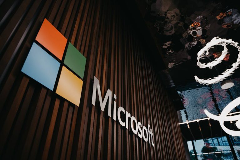 Microsoft logo on a wall for Microsoft news