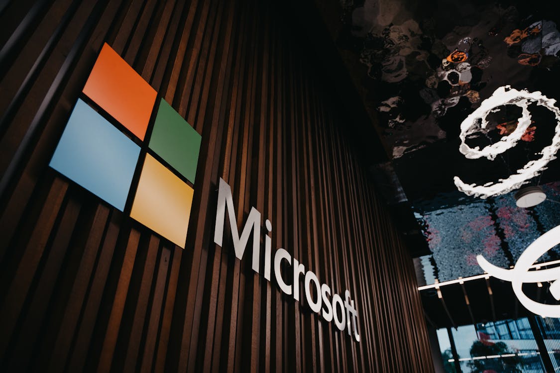 Microsoft logo on a wall for Microsoft news