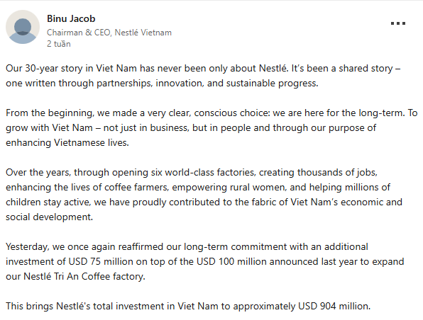 Screenshot of Binu Jacob's LinkedIn post for Nestle news