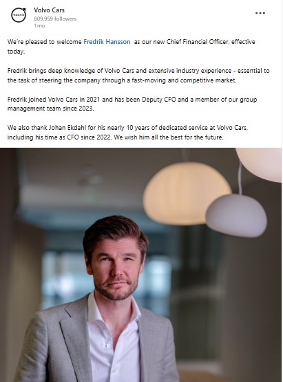 Volvo Cars News: Screenshot of Volvo Cars LinkedIn post welcoming new CFO Fredrik Hansson