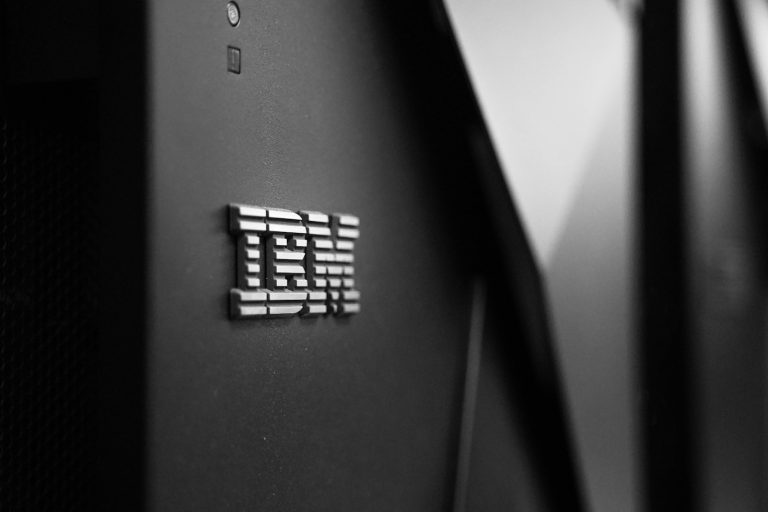 IBM logo on a wall for IBM news