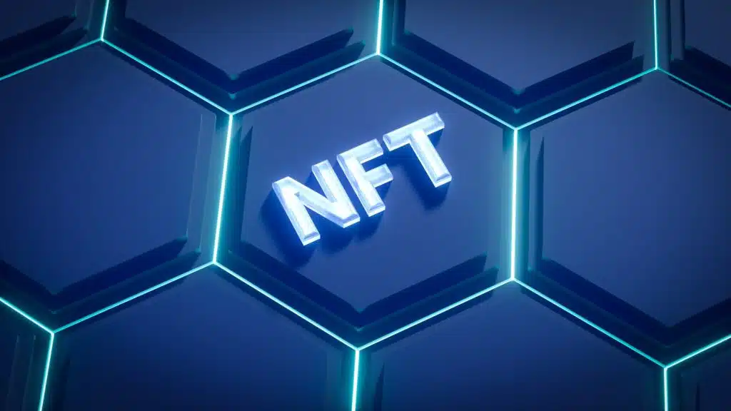 NFT in blue hexagon background for types of NFTs