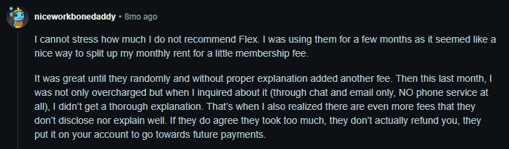 Screenshot of user niceworkbonedaddy user on subreddit r/Apartmentliving discussion about flex rent payment