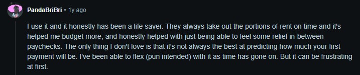 Screenshot of user Pandariri's answer on r/Apartmentliving subreddit forum about flex rent payment