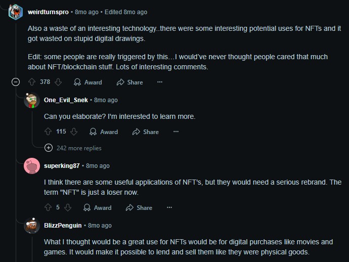 Screenshot of answer about NFTs being a waste of money
