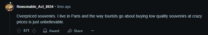 Screenshot of answer about overpriced souvenirs