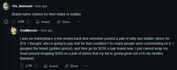 Screenshot of answer about designer-clothes for babies