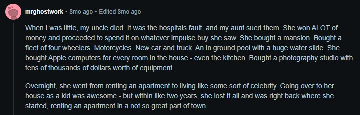 Screenshot of a story about how their aunt wasted the lawsuit money