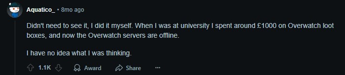 Screenshot of answer saying their biggest waste of money was Overwatch loot boxes