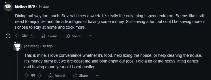 Screenshot of cringeworthy unnecessary expenses you can't just quit discussion on Reddit
