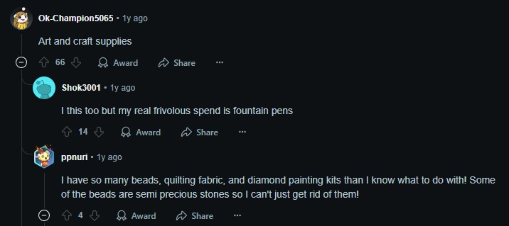 Screenshot of cringeworthy unnecessary expenses you can't just quit discussion on Reddit