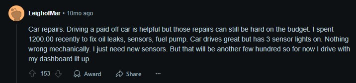 Screenshot of biggest unexpected expense related to unnecessary expenses discussions on Reddit