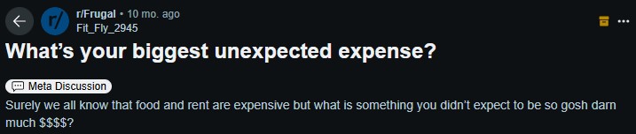 Screenshot of biggest unexpected expense related to unnecessary expenses discussions on Reddit