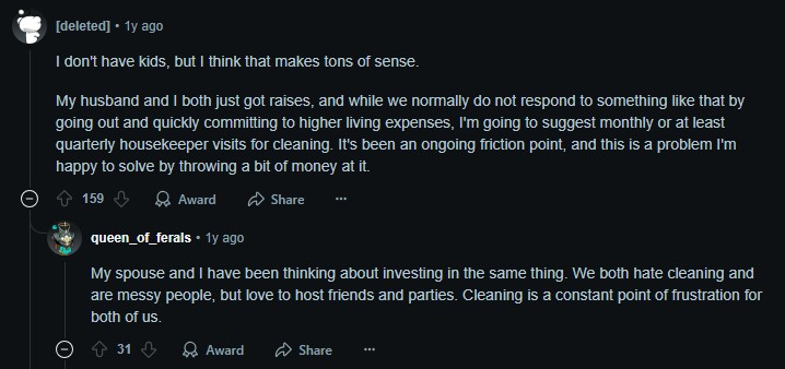 Screenshot of house cleaning discussion as unnecessary expenses that are worth it