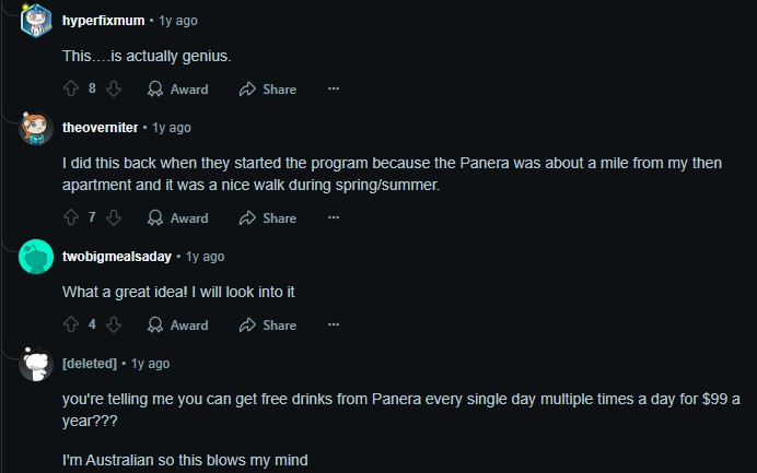 Screenshot of user saying Panera sip club membership as unnecessary expenses that are worth it