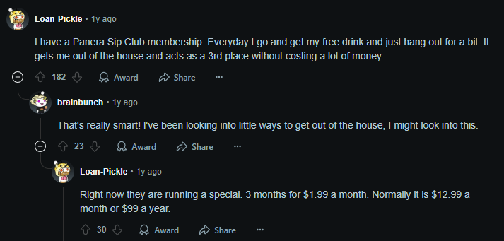 Screenshot of user saying Panera sip club membership as unnecessary expenses that are worth it
