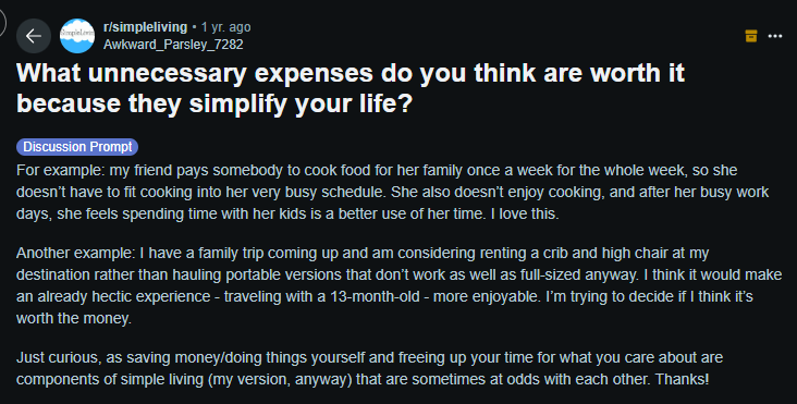 Screenshot of Reddit forum about unnecessary expenses that are worth it because they simplify life