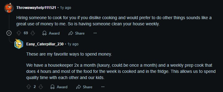 Screenshot of weekly meal prep discussion as unnecessary expenses that are worth it