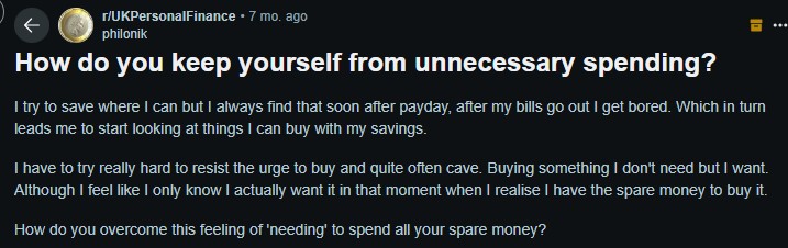 Screenshot of how do you keep yourself from unnecessary spending discussion on Reddit