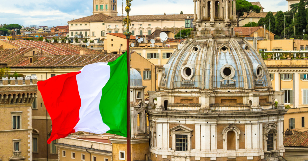 Italian flag and scenic view of Rome