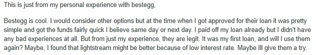 Screenshot of Best Egg loan review on Reddit