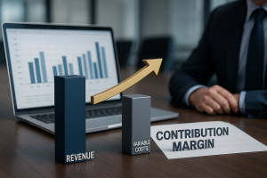 Man doing a business presentation about contribution margin with graphic elements of blocks and arrows