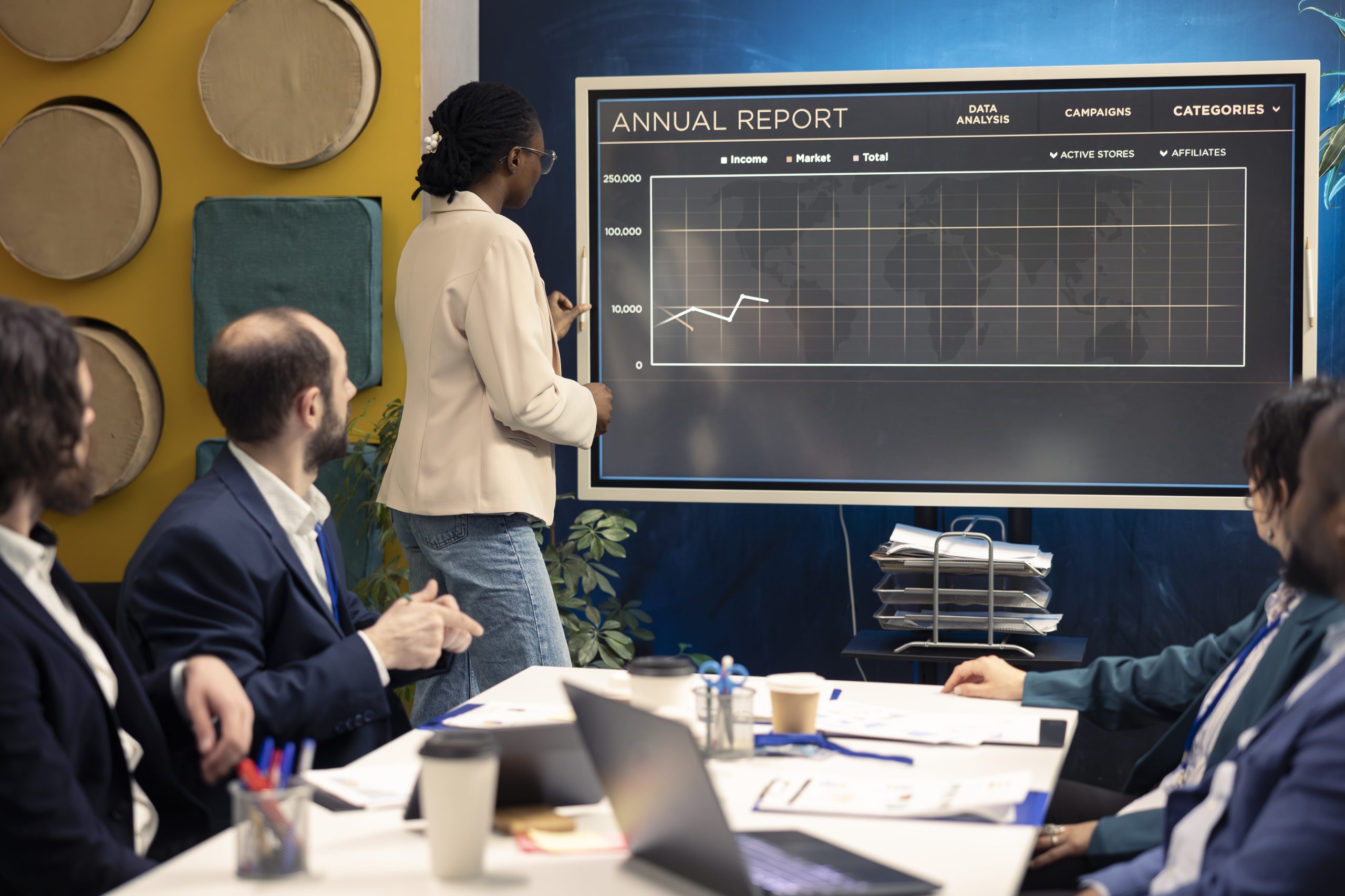 Staff team analyzing trends and debt-to-equity ratio to help making crucial decisions to corelate with business objectives. Forecast affiliates working together to meet project deadline, reviewing organizational statistics.