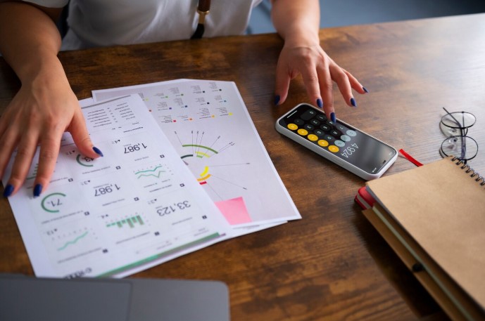 High angle woman calculating required rate of return