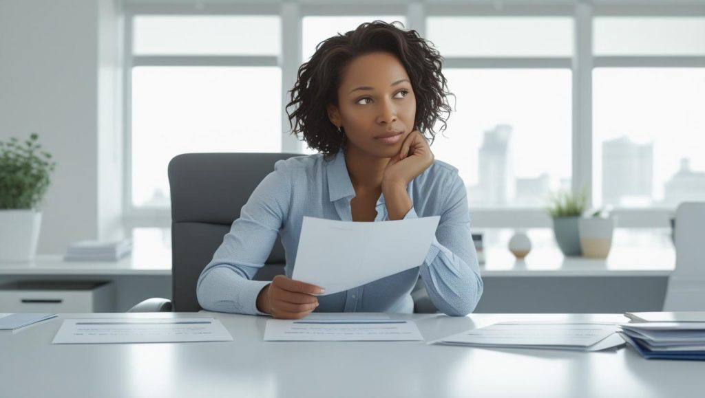 Full shot of woman thinking about whether to consolidate their loans or not