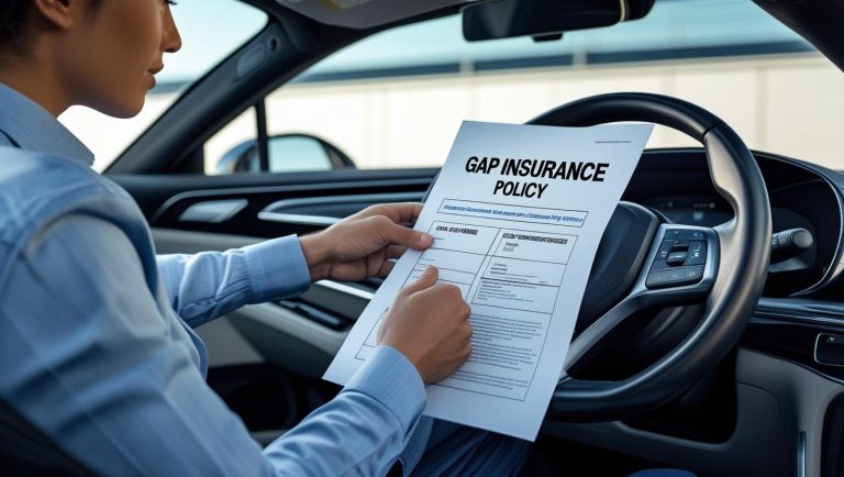 Woman reviewing a guaranteed asset protection insurance policy while inside her car