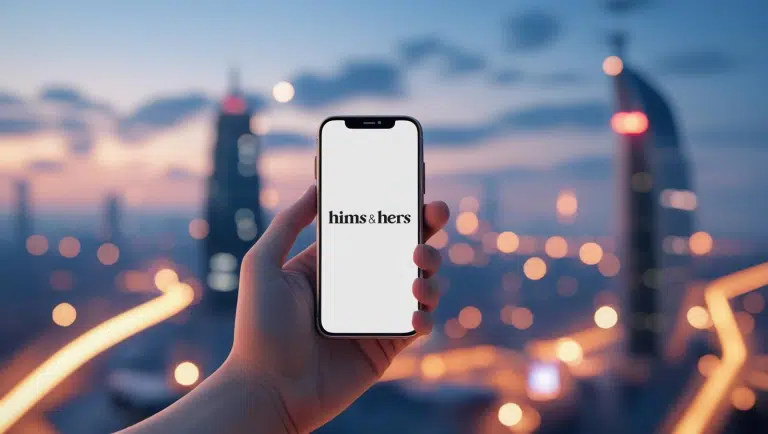 Person holding smartphone using Hims & Hers