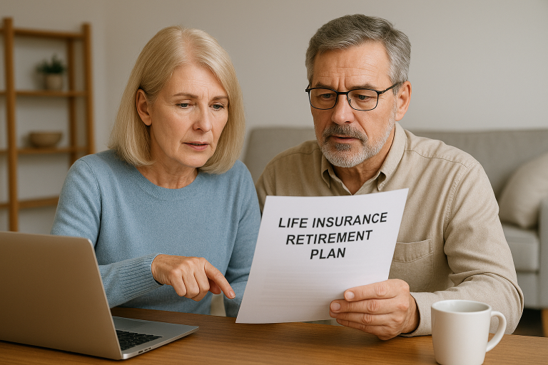 Middle-aged couple reading a life insurance retirement plan