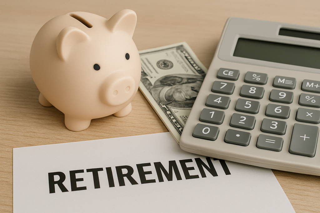 Piggybank with calculator and paper with retirement on it