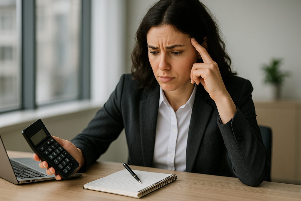 Confused business woman doubting her calculation