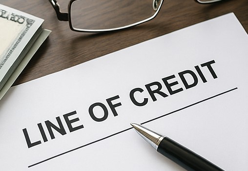 Line of credit on paper with a ballpen and glasses on table