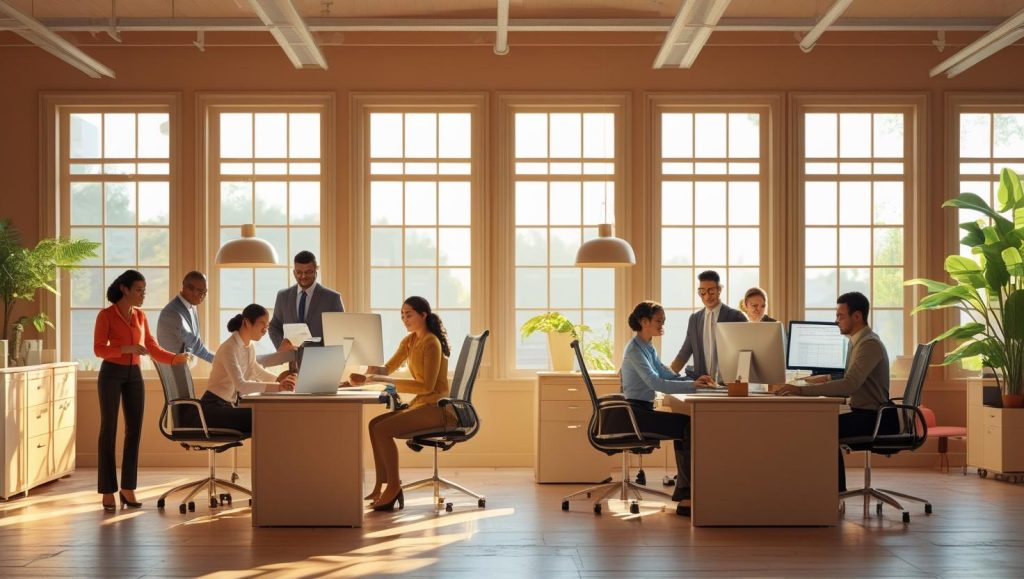 Lender's office with employees, including loan processor, processing a loan