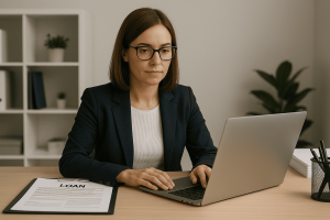 A female loan processor typing on her laptop