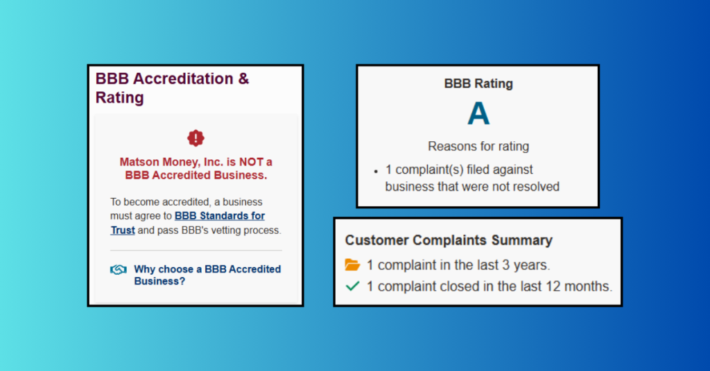 Screenshot of Matson Money on Better Business Bureau (BBB) website