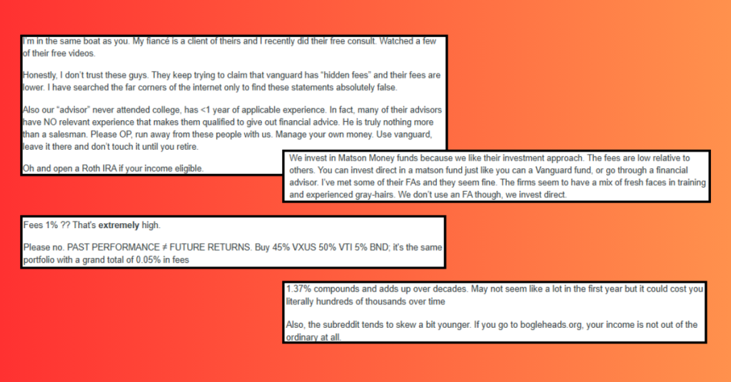Screenshot of Reddit comments about Matson Money