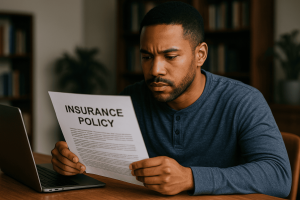 A male policyholder reading his insurance policy document
