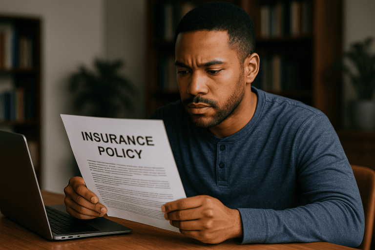A male policyholder reading his insurance policy document