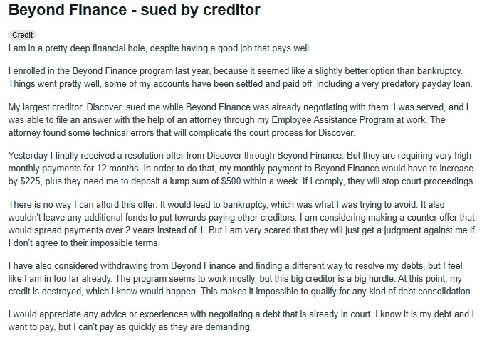 Screenshot of Reddit comment about Beyond Finance