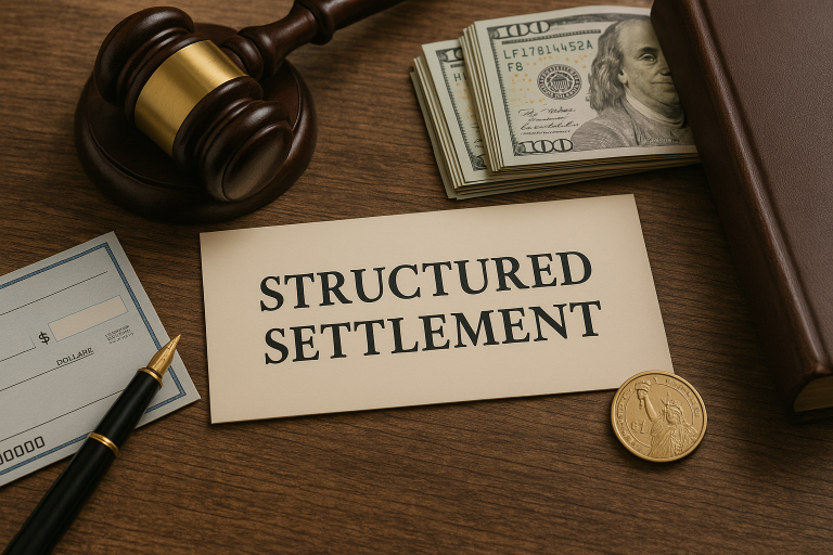 A paper with structured settlement text beside money, notebook, gavel, and check on top of a wooden table