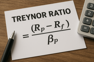Treynor ratio text and formula printed on a paper on top of a table