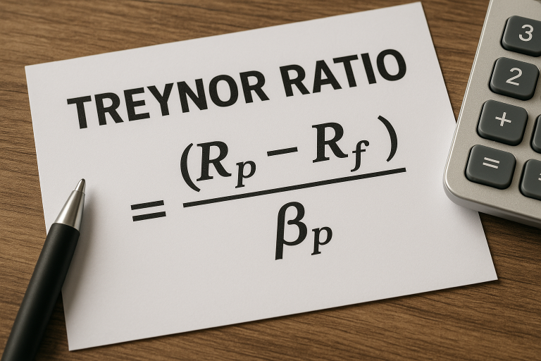 Treynor ratio text and formula printed on a paper on top of a table