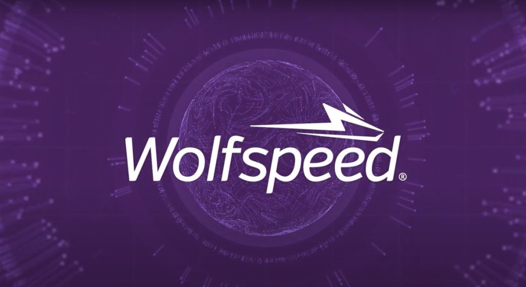 Wolfspeed logo on a purple graphic background