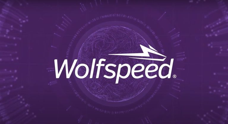 Wolfspeed logo on a purple graphic background