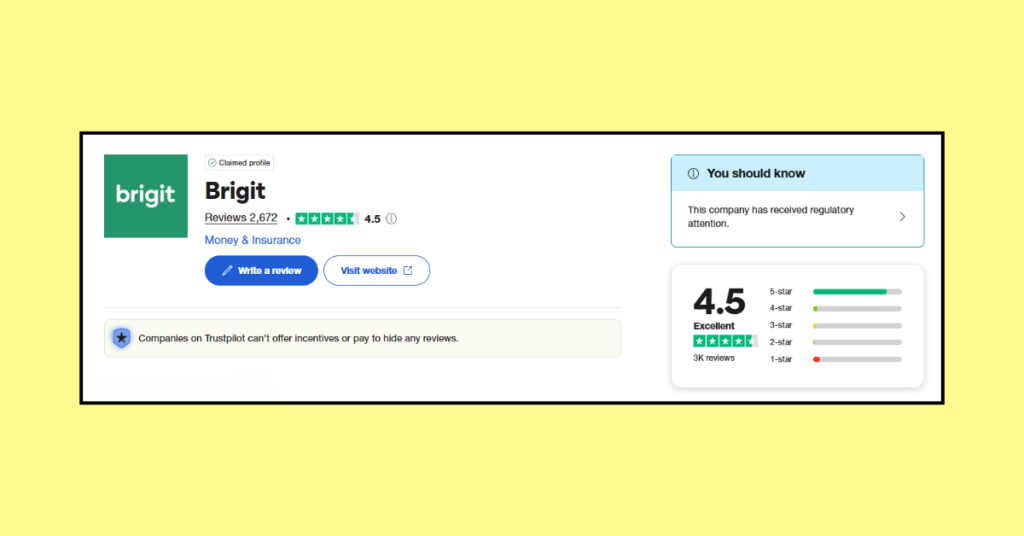 Screenshot of Brigit on Trustpilot