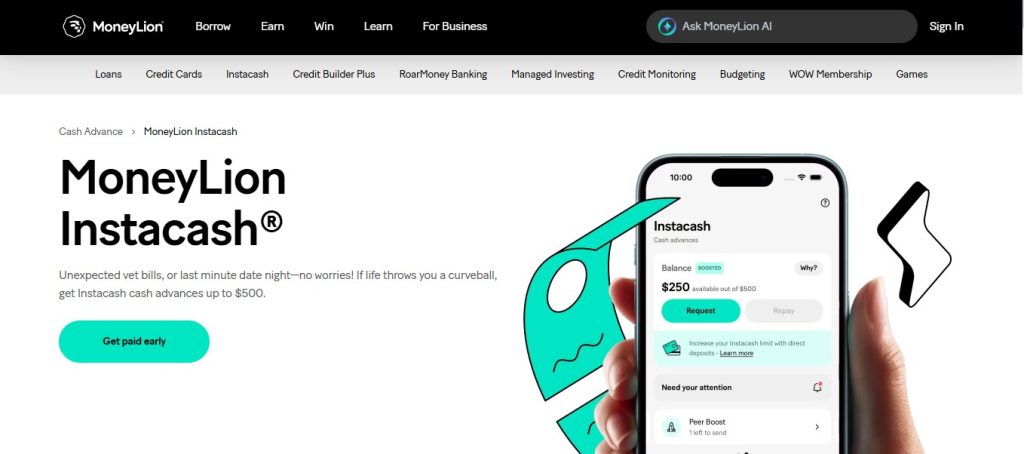 Screnshot of MoneyLion page for Instacash